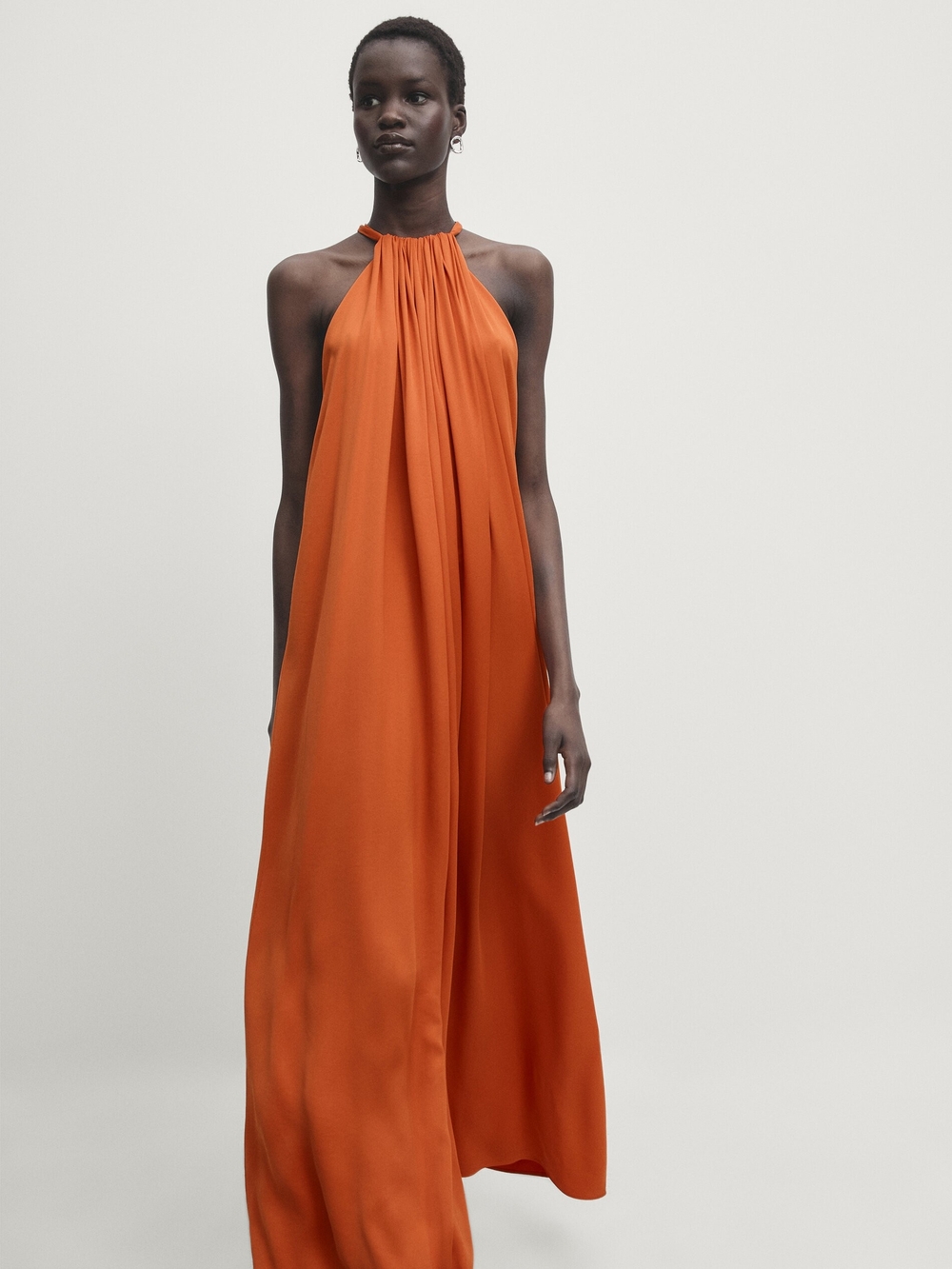 Massimo Dutti Orange Halter Silky Maxi Resort Evening Vacation Dress XS NWOT